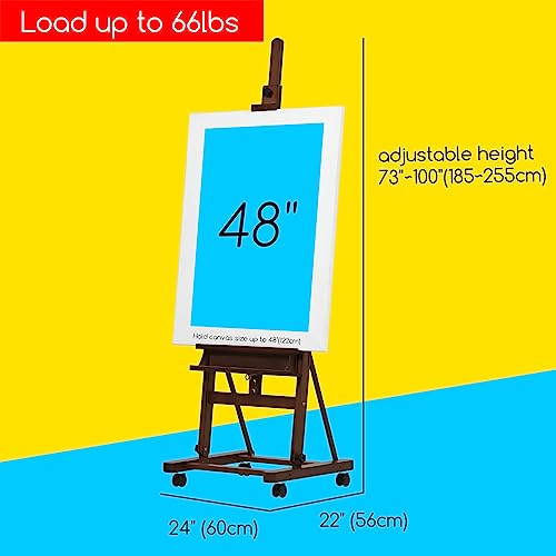 MEEDEN Artist Painting Easel 71" to 100"H, Holds Canvas Up to 48", Art Beech Wood Paint Easel Stand, Adjustable Studio H-Frame Floor Easel with Wheels, Professional Easel for Artists & Adults, Walnut